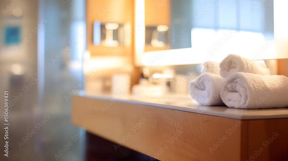 Obraz premium Modern bathroom vanity with fresh towels, showcasing minimalist elegance and serene comfort.
