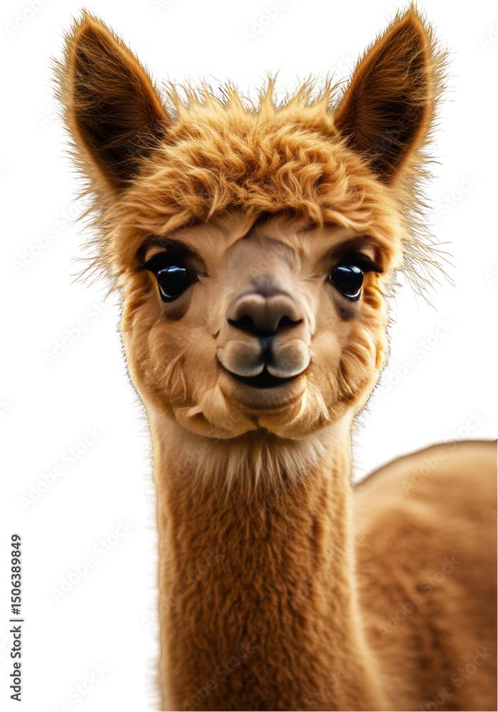Obraz premium Cute Alpaca Portrait Animal Furry Face Domestic Brown Isolated PNG