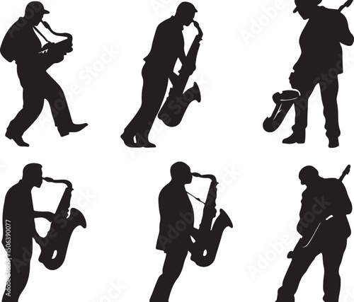 Silhouette Jazz Musicians: Saxophone & Guitar Players Vector Art, Music Performance Graphics