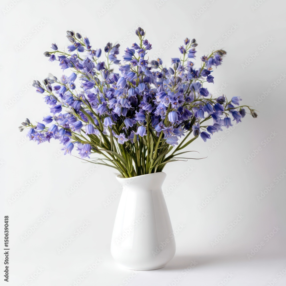 A lovely bouquet of bluebells arranged in a white vase, isolated against a white backdrop for focus. A lovely bouquet of bluebells arranged in a white vase, isolated against a white backdrop for focus.