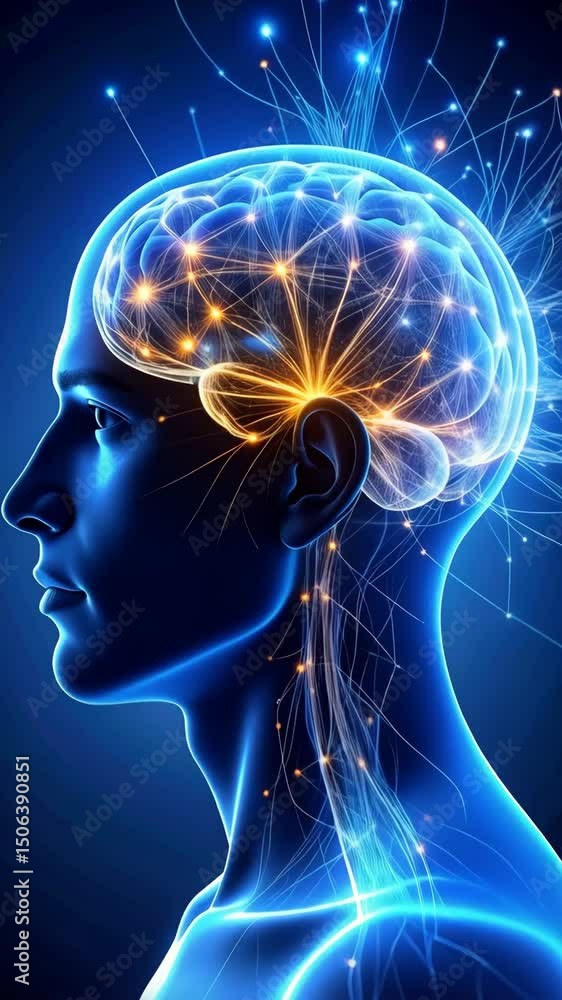 custom made wallpaper toronto digitalAbstract digital representation of human brain with glowing connections and neural pathways in blue tones, symbolizing intelligence.