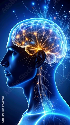 Abstract digital representation of human brain with glowing connections and neural pathways in blue tones, symbolizing intelligence.