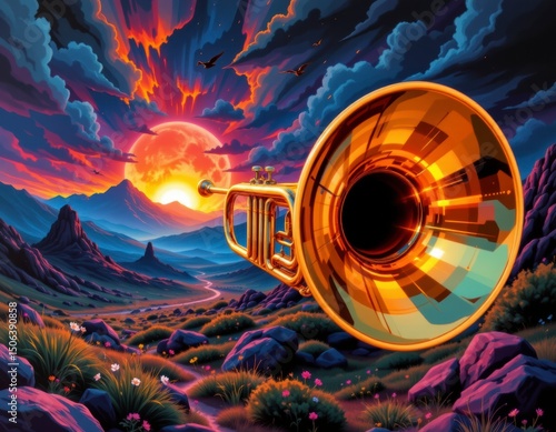 Golden Trumpet in a Pixel Art Landscape at Sunset