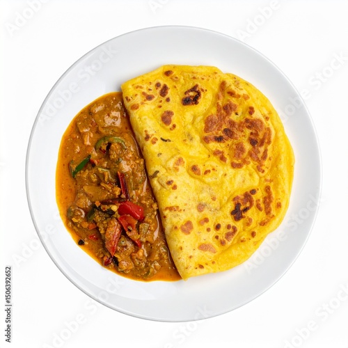 Malaysian roti canai with curry on plate isolated on white background with full depth of field for Indian-influenced cuisine concept