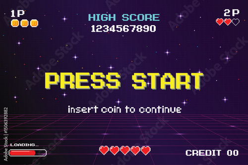 PRESS START. pixel art .8-bit game. Retro Futurism Sci-Fi Background. glowing neon grid. and stars from vintage arcade computer games