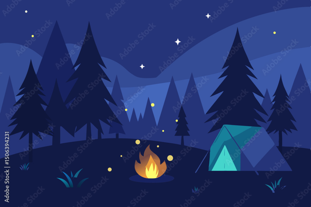 Fototapeta premium Forest Campsite at Dusk with Bonfire and Fireflies Vector Illustration
