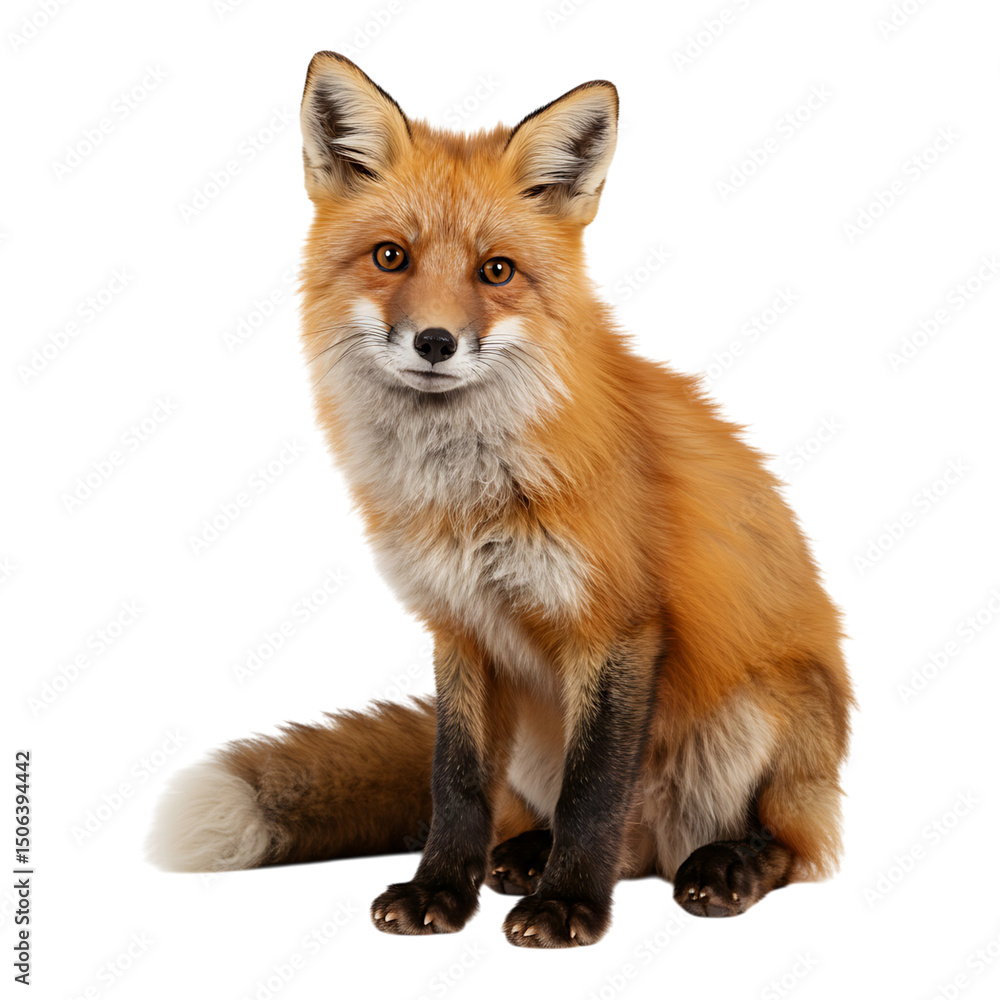Fototapeta premium Realistic red fox sitting on white background, perfect for wildlife themes, nature education, or animal posters