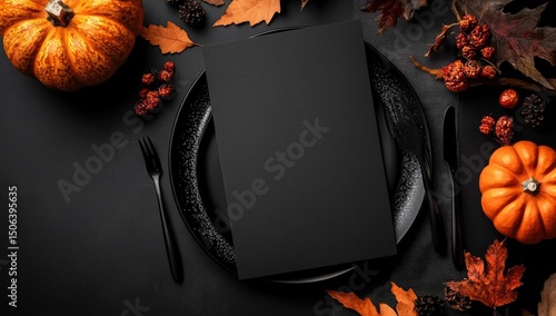 Black menu card on dark table, autumnal decor