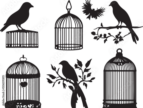 Bird Cages & Birds Silhouette Vector Graphics: Vintage Style Clip Art Collection