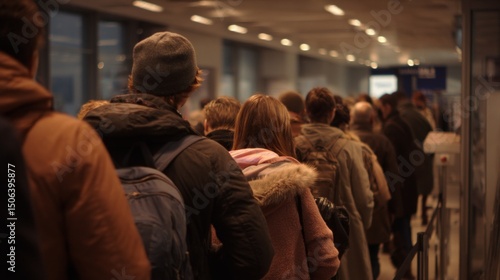 Long queue of travelers at airport check-in busy terminal human activity indoor environment side view travel experience
