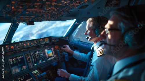 Pilots navigating aircraft in cockpit high altitude flight aviation photography cloudy skies close-up view professionalism