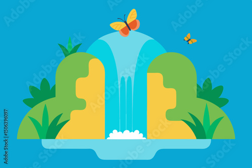 Tropical Waterfall Oasis with Butterflies and Lagoon Vector Art