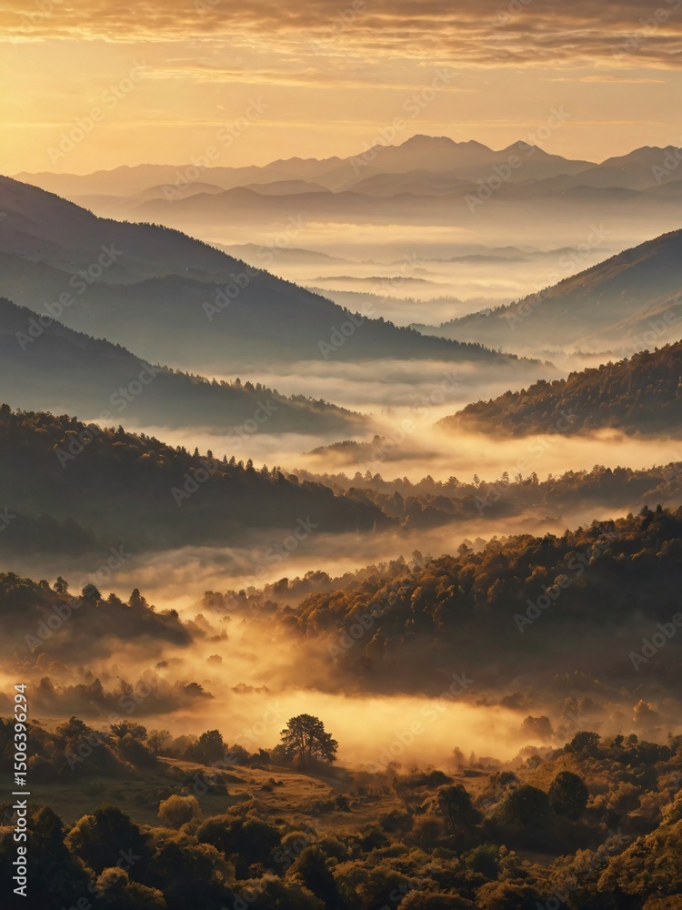 Obraz premium Golden Sunrise Illuminating Misty Mountain Peaks
