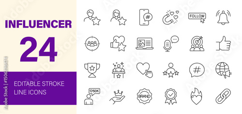 Influencer icon set. Containing follower, social media, promotion, passion, blogging, influence, content, community, marketing, ambassador and more. Editable line icons. Vector illustration.