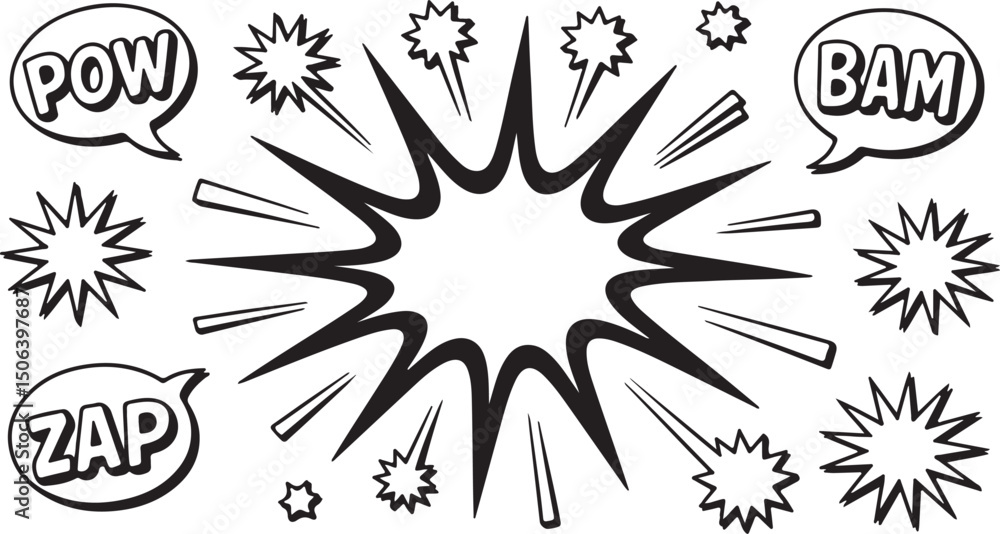 Obraz premium Line speed cartoon effect, boom explosive motion line element set. Comic boom burst, explosive smoke, line speed cartoon vector icon. Hand drawn sketch doodle action effect. Vector illustration