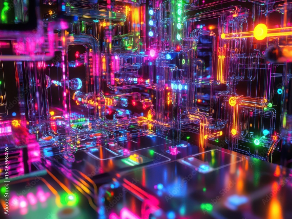 Fototapeta premium Abstract Cyberpunk Network of Glowing Tubes and Components Futuristic Technology Complex System Neon Colors Data Flow Artificial Intelligence Machine Learning Digital World