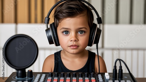 Young Boy with Headphones and a Sound Mixer, Exploring Music Creation
