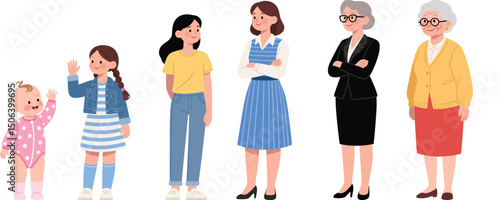 Diverse women of different ages from baby to elderly, happy family generations, female life stages, casual and professional outfits,vector illustration