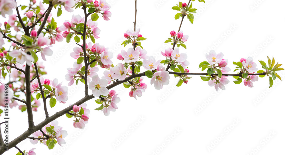Blossoming apple tree branches with delicate pink and white flowers and fresh green leaves Blossoming apple tree branches with delicate pink and white flowers and fresh green leaves