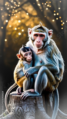 Mother and Baby Monkey: Emotional Bond in a Serene Forest Setting