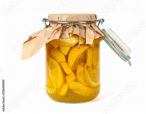Moroccan preserved lemons in jar isolated on white background for cooking or Mediterranean concept