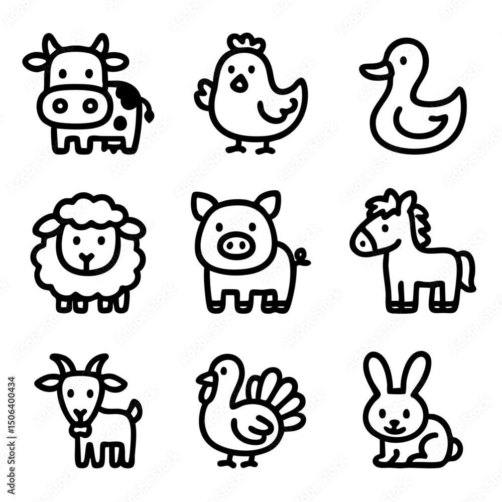 Obraz premium A set of doodle line icons featuring cute farm animals like cow, pig, chicken, sheep, duck, horse, goat, and rabbit