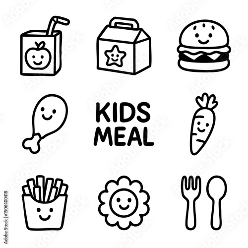 A set of doodle line icons representing kids meals, including juice box, burger, fries, chicken leg, utensils, and smiling food items