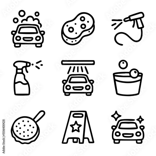 A set of doodle line icons featuring car wash tools, cleaning supplies, foam, water spray, and auto detailing equipment