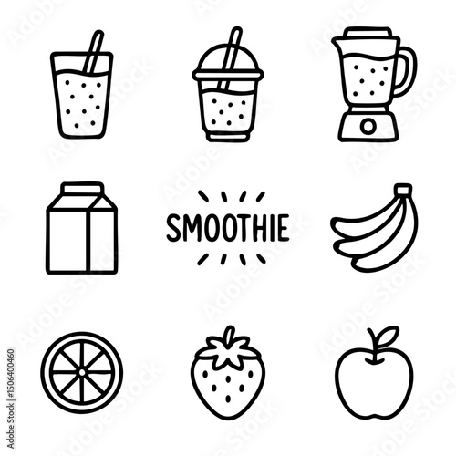 A set of doodle line icons featuring smoothie drinks, fruits, blender, milk carton, and healthy beverage preparation elements