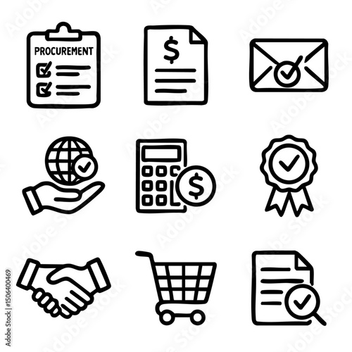 A set of doodle line icons illustrating procurement, purchasing, financial approval, contract, supply chain, calculation, and quality assurance