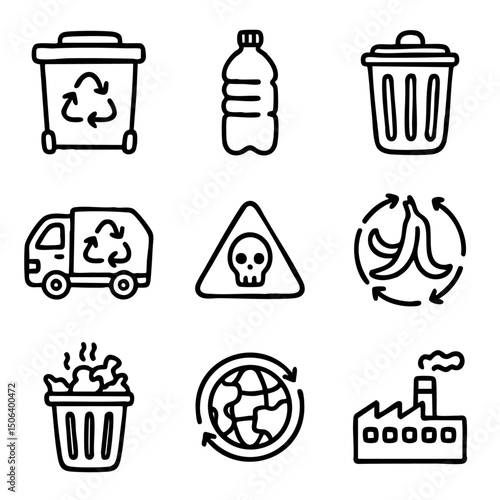 A set of doodle line icons representing recycling, garbage, waste sorting, pollution, composting, toxic materials, and environmental impact