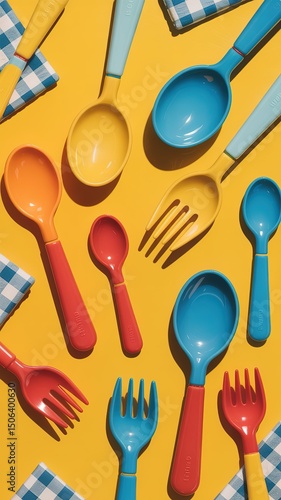 Colorful Plastic Spoons, Forks, and Napkins on Yellow Background