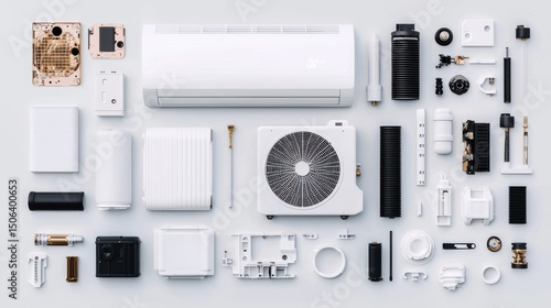 A detailed flat lay arrangement showcasing the various parts and components that make up an air conditioning unit