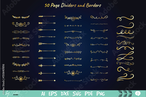 Hand-Drawn Elegant Page Dividers and Borders – Floral Arrows & Swirl Design Elements for Invitations, Scrapbooking, and Graphic Design