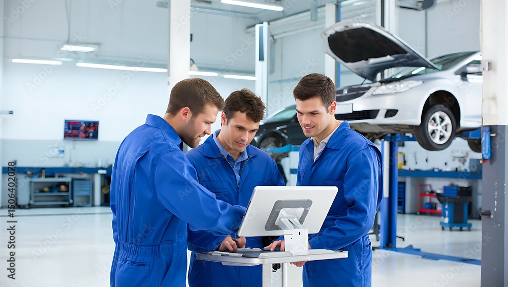 Obraz premium Group of Mechanics Analyzing Vehicle Problem Using Laptop