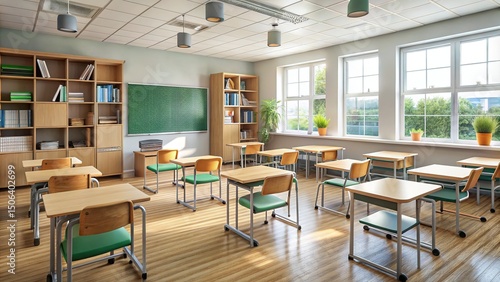 Bright and Spacious Elementary School Classroom with Wooden Furniture and Green Chairs
