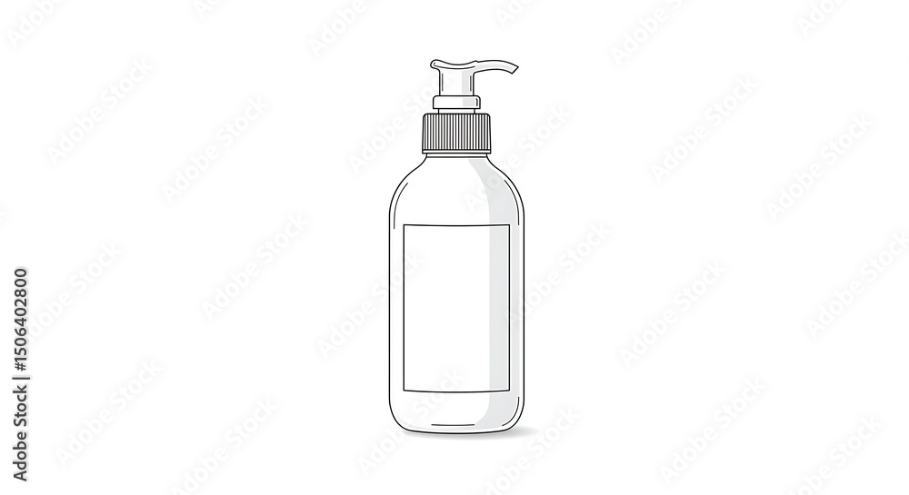 A minimal vector style mockup of a lotion bottle with pump top and empty label, front view, centered on a white background
A minimal vector style mockup of a lotion bottle with pump top and empty label, front view, centered on a white background