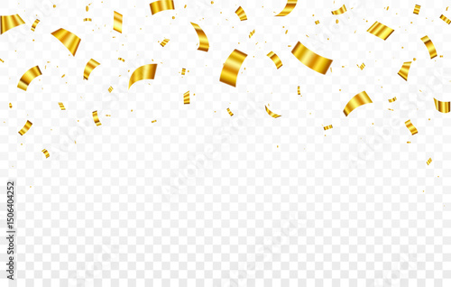 Gold confetti celebration. Luxury golden confetti bursting on transparent background. Birthday party backdrop. Holiday design elements. Vector illustration