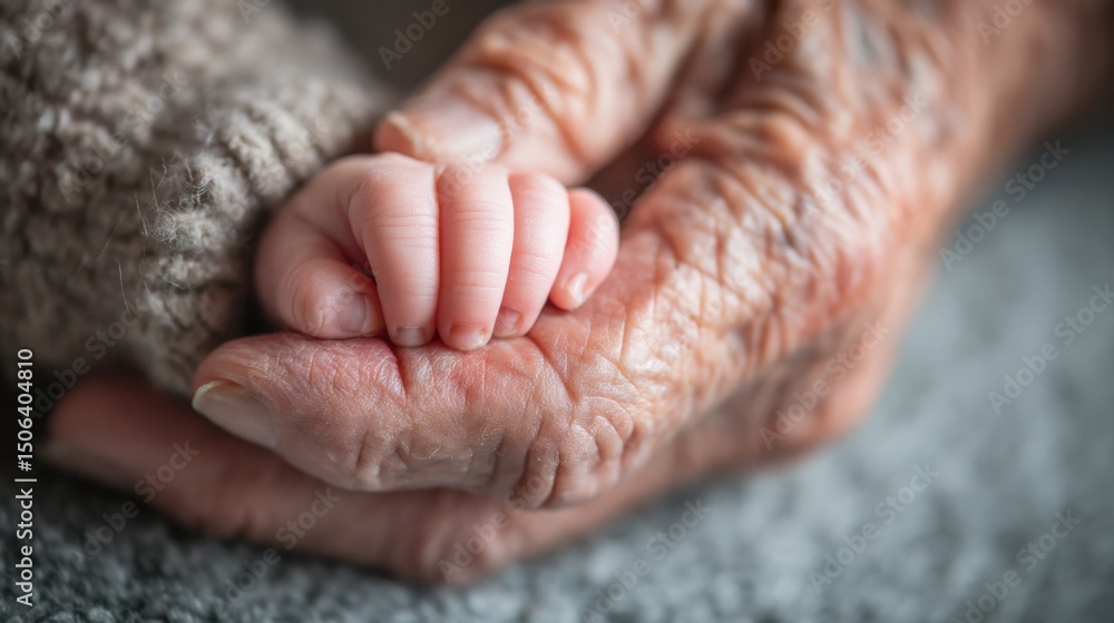 Fototapeta premium A timeless connection between Generations: a tender image captures the delicate touch of a newborn hand cradled within the loving embrace of an elderly hand, symbolizing continuity, heritage.. Ai imag
