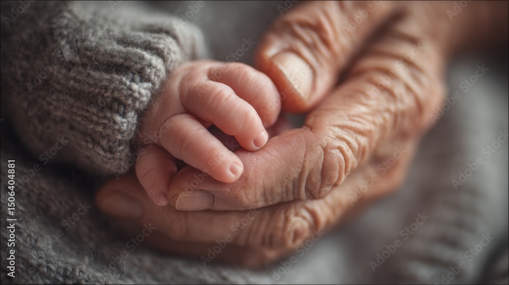 Fototapeta premium Generational Touch: The image captures a tender moment between an older and younger generation. The aged hand gently cradles the tiny hand of an infant.. Ai image