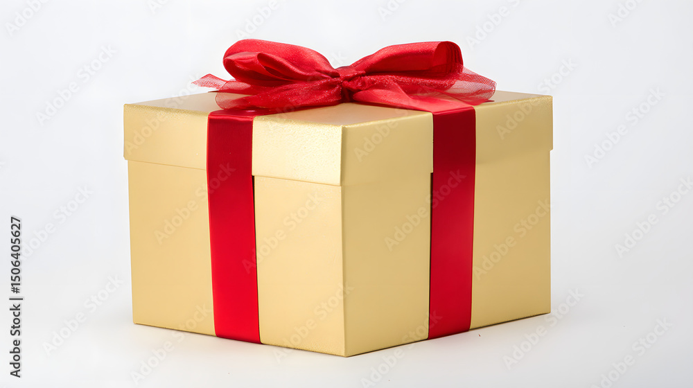 Obraz premium Golden gift box with red ribbon bow, symbolizing luxury and celebration