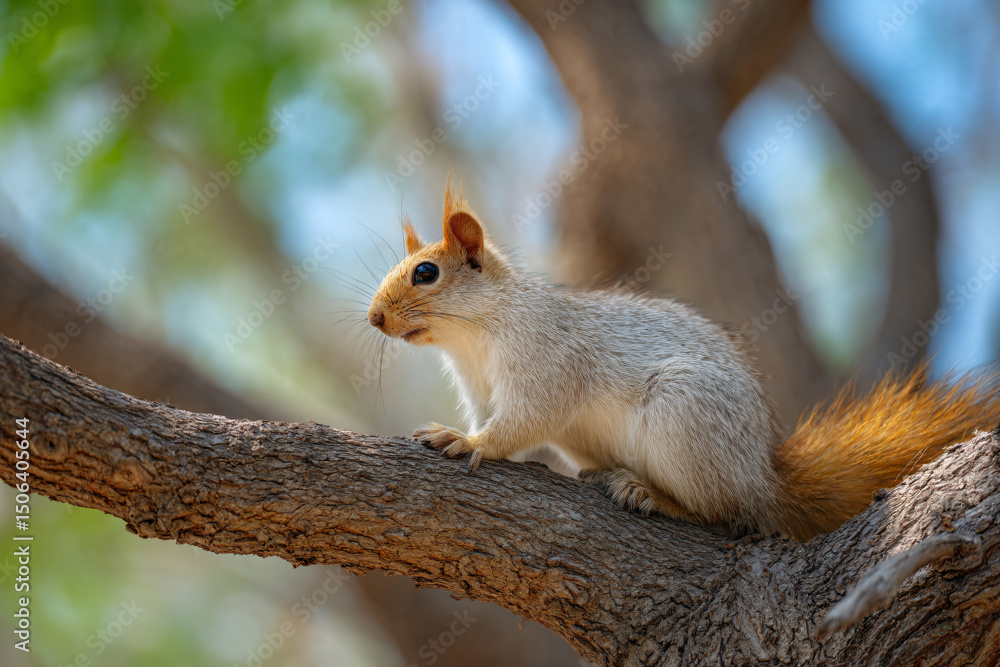 Fototapeta premium a squirrel sitting on a tree branch looking up
