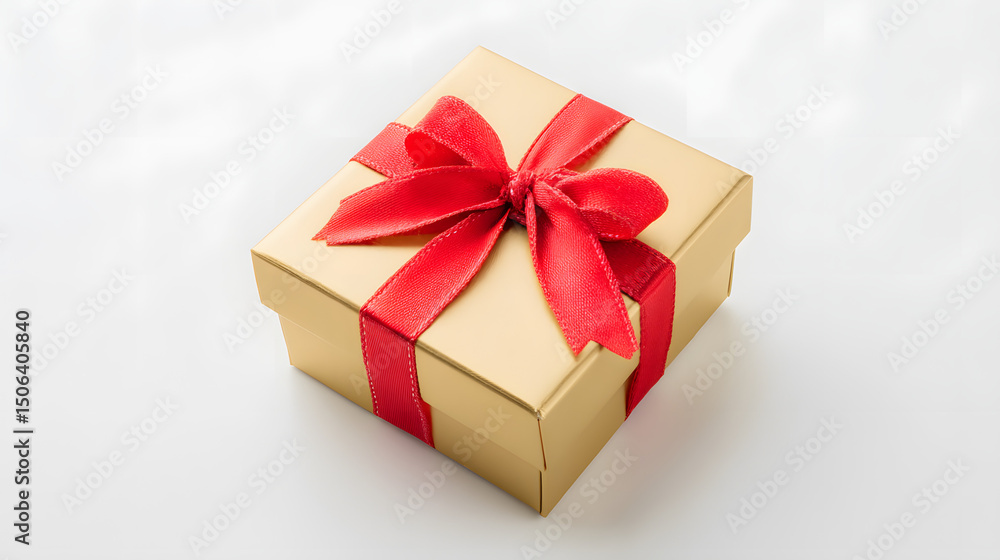 Golden gift box with red ribbon bow, symbolizing luxury and celebration Golden gift box with red ribbon bow, symbolizing luxury and celebration
