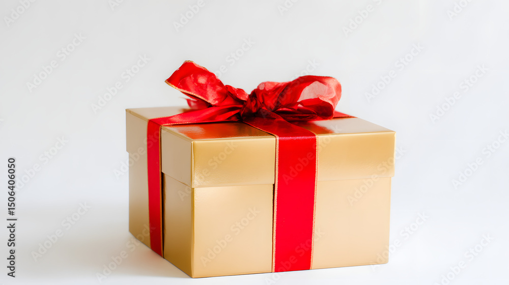 Obraz premium Golden gift box with red ribbon bow, symbolizing luxury and celebration