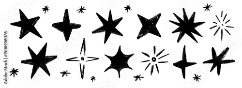 Wallpaper Mural Black crayon hand drawn stars and sparkles set. Childish doodle sparks collection. Grunge rough brush stroke shine element pack for collage, poster, sticker, label. Kid sketched pencil symbols. Vector Torontodigital.ca
