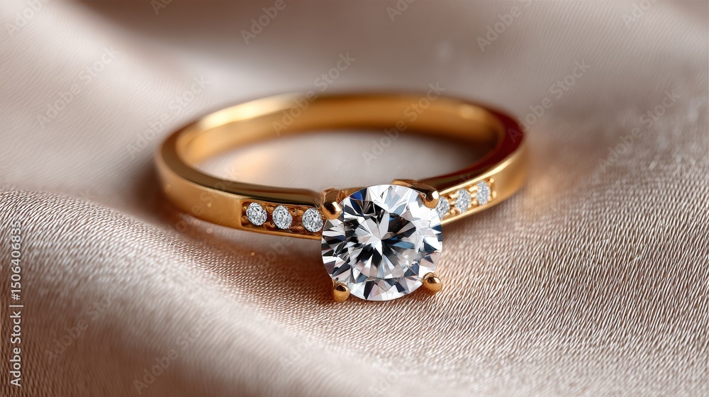 Exquisite Golden Ring with Diamond: A breathtakingly beautiful, close-up shot of a gold ring, elegantly set with a sparkling diamond, lies on a smooth silk, offering a sense of luxury and romance. Exquisite Golden Ring with Diamond: A breathtakingly beautiful, close-up shot of a gold ring, elegantly set with a sparkling diamond, lies on a smooth silk, offering a sense of luxury and romance.