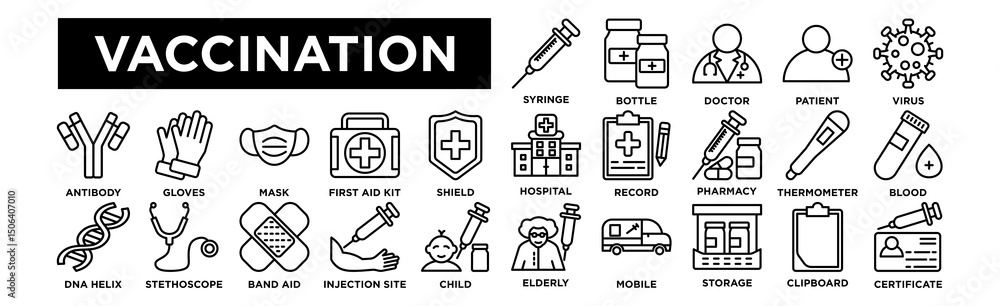 Fototapeta premium Vaccination icon collection set.Syringe,Vaccine,Bottle,Doctor,Patient,Virus