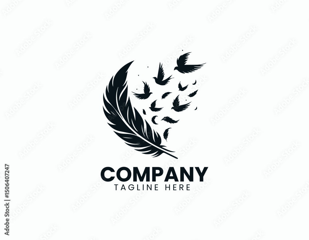 Elegant Black Feather Silhouette Releasing Smaller Birds Flying Vector Logo Design Elegant Black Feather Silhouette Releasing Smaller Birds Flying Vector Logo Design