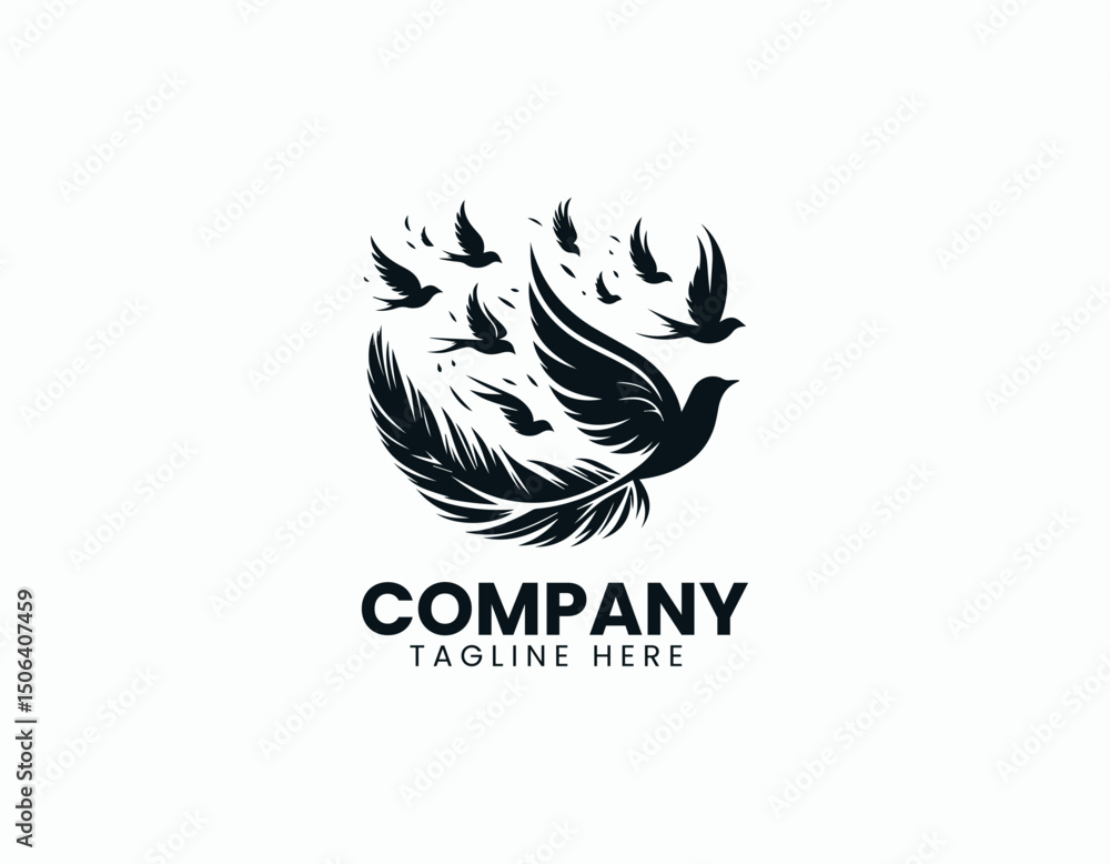 Obraz premium Elegant Black Feather Silhouette Releasing Smaller Birds Flying Vector Logo Design