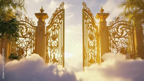 Gates of heaven. Ornate golden gates open on clouds, sunlight shining through.